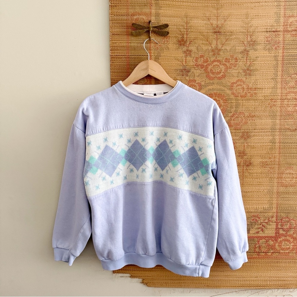 Vintage 80s Argyle Knit Detail Lavender Purple Sweatshirt
